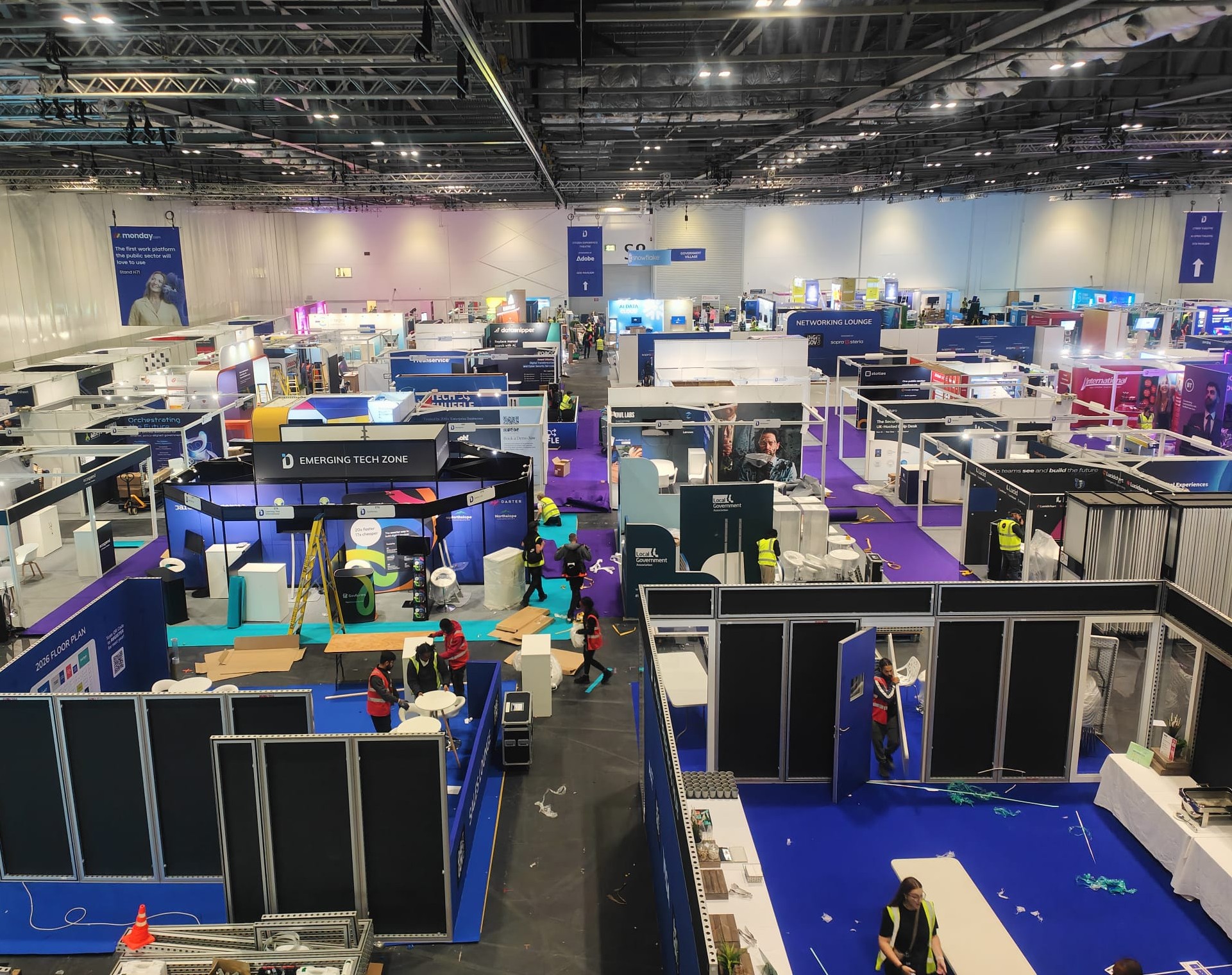 Overhead view of an exhibition hall during setup