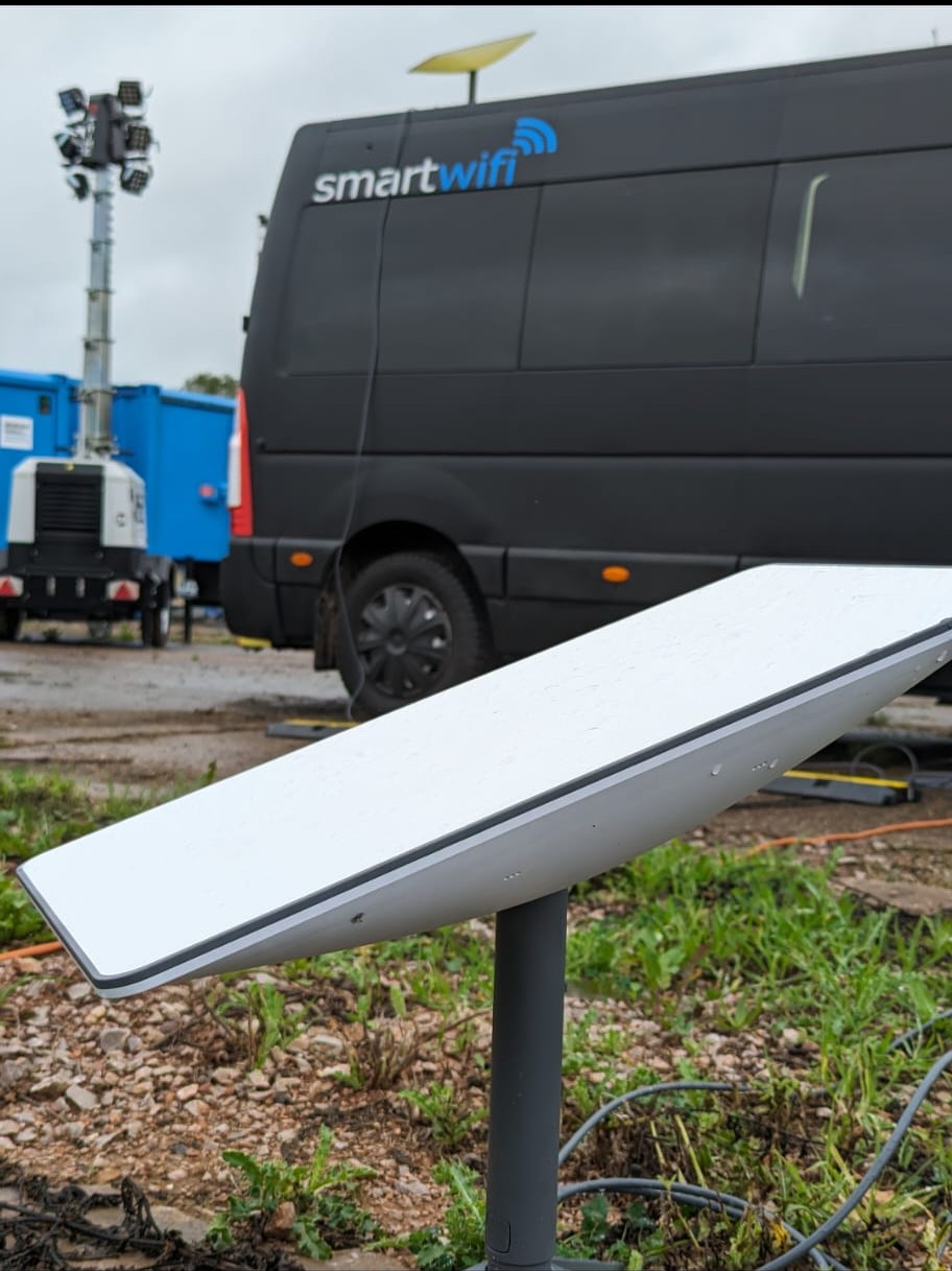 Satellite dish beside a connectivity van at a work site
